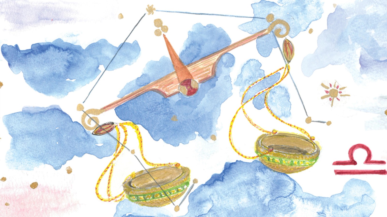 Watercolor illustration of the Libra constellation as a golden scale with two pans, set against blue clouds, with the red Libra symbol.