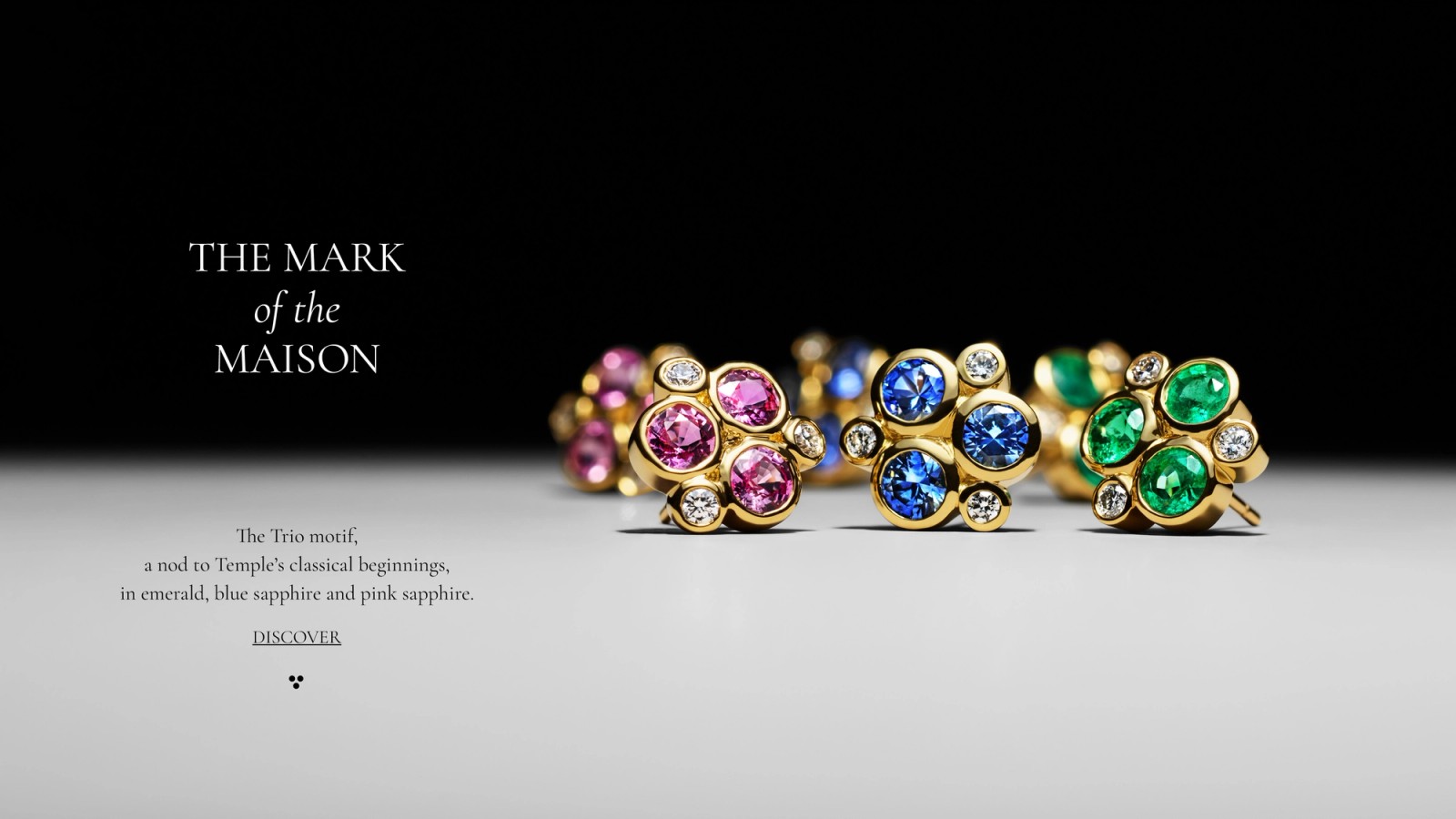 Three gold stud earrings featuring clusters of pink, blue, and green gemstones with diamonds.
