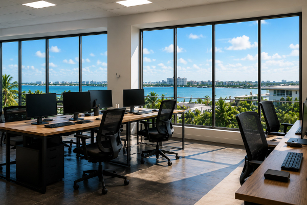 A modern Cayman office with smart automation and a bay view