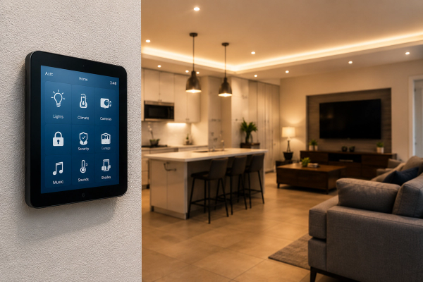 A smart home control panel beside an open-plan Cayman living space