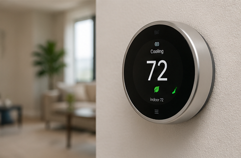 A smart thermostat set to cooling in a Cayman home