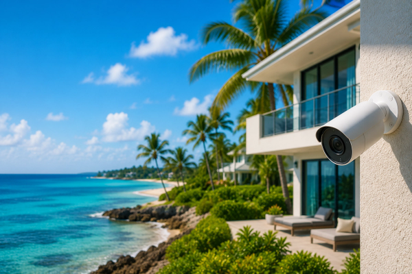 A security camera mounted on a coastal Cayman property