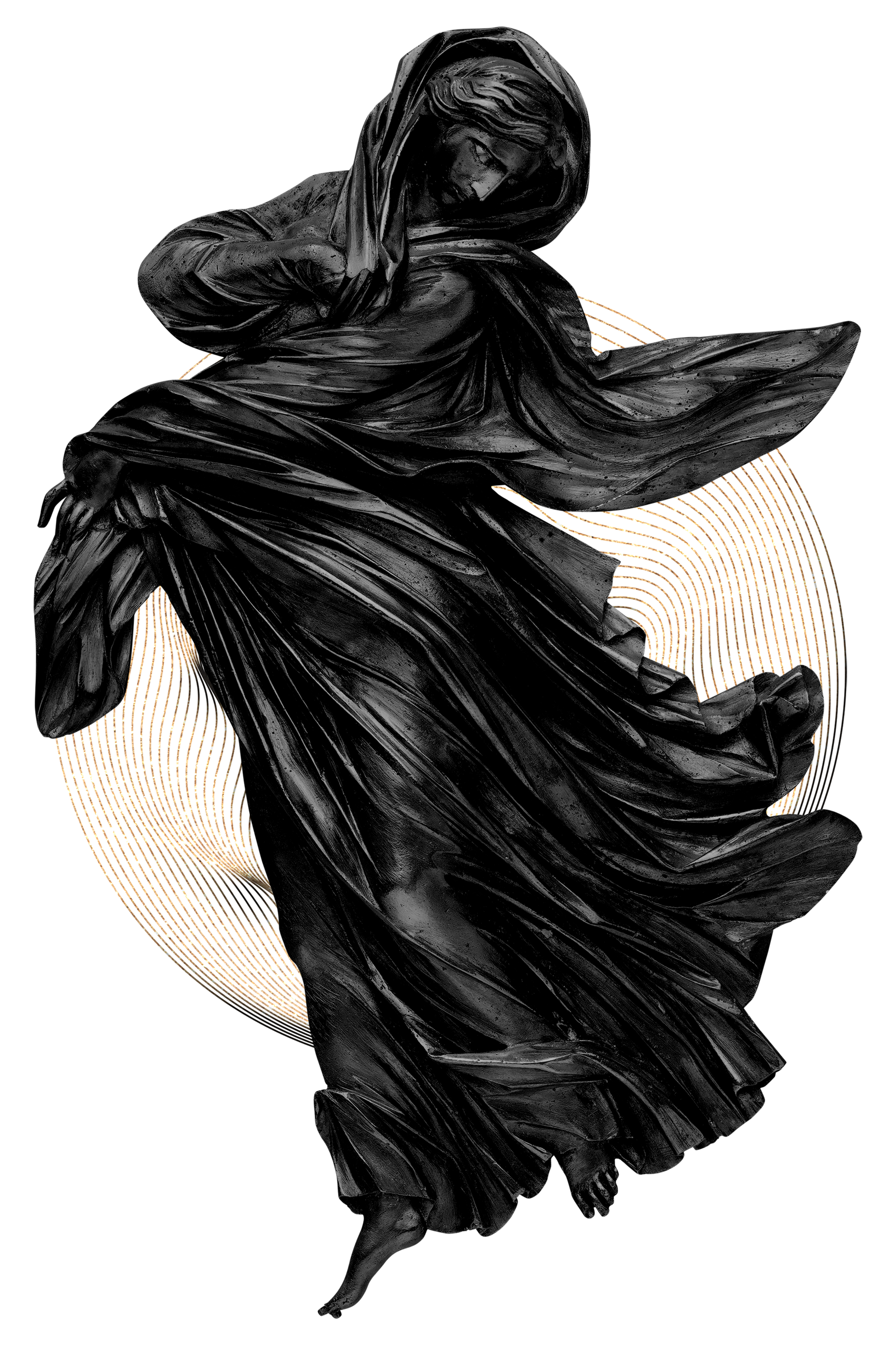 Greco-Roman sculpture in black of a woman dressed in flowing garb posing to her left.