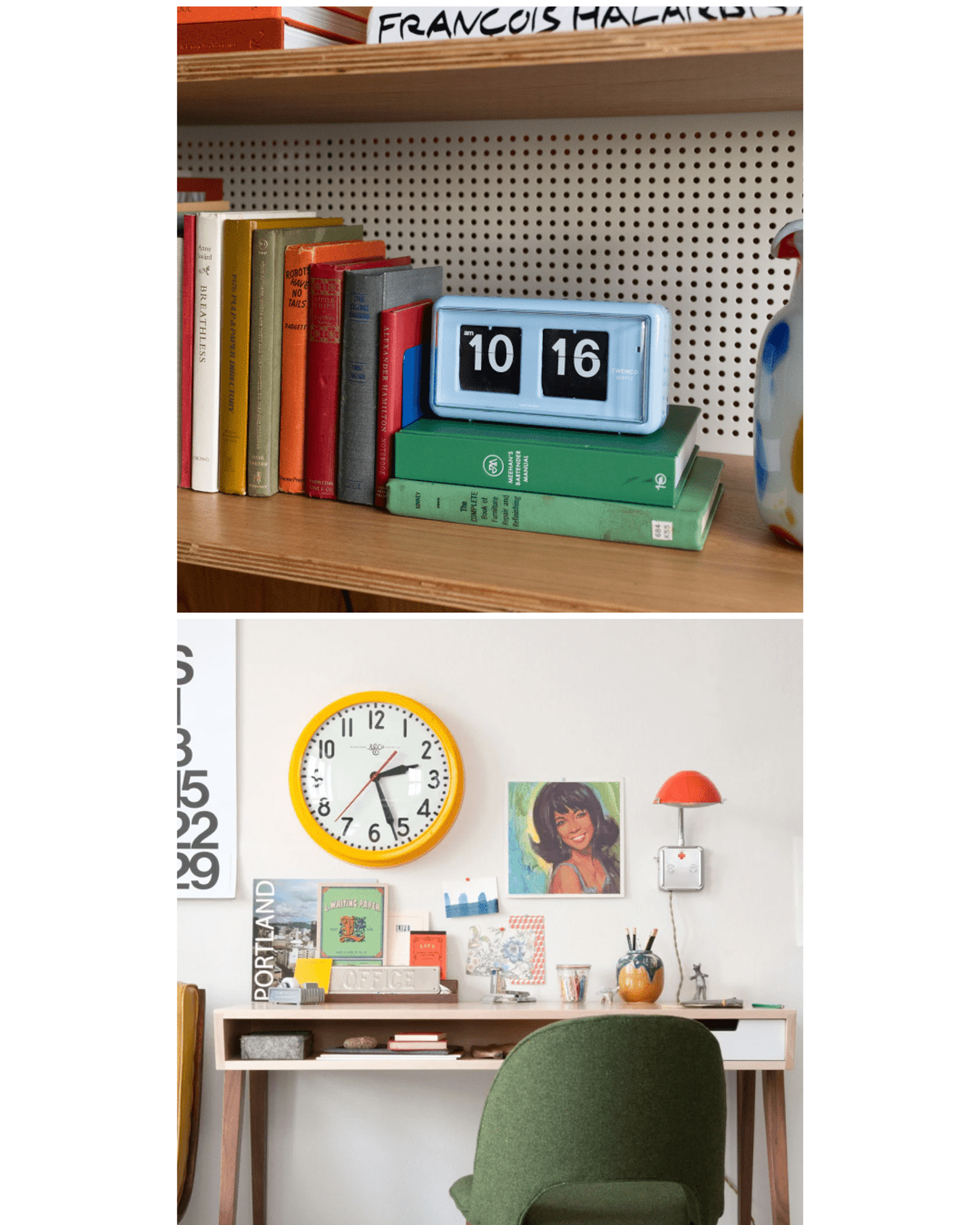 Clock on a shelf and a WFH set up.