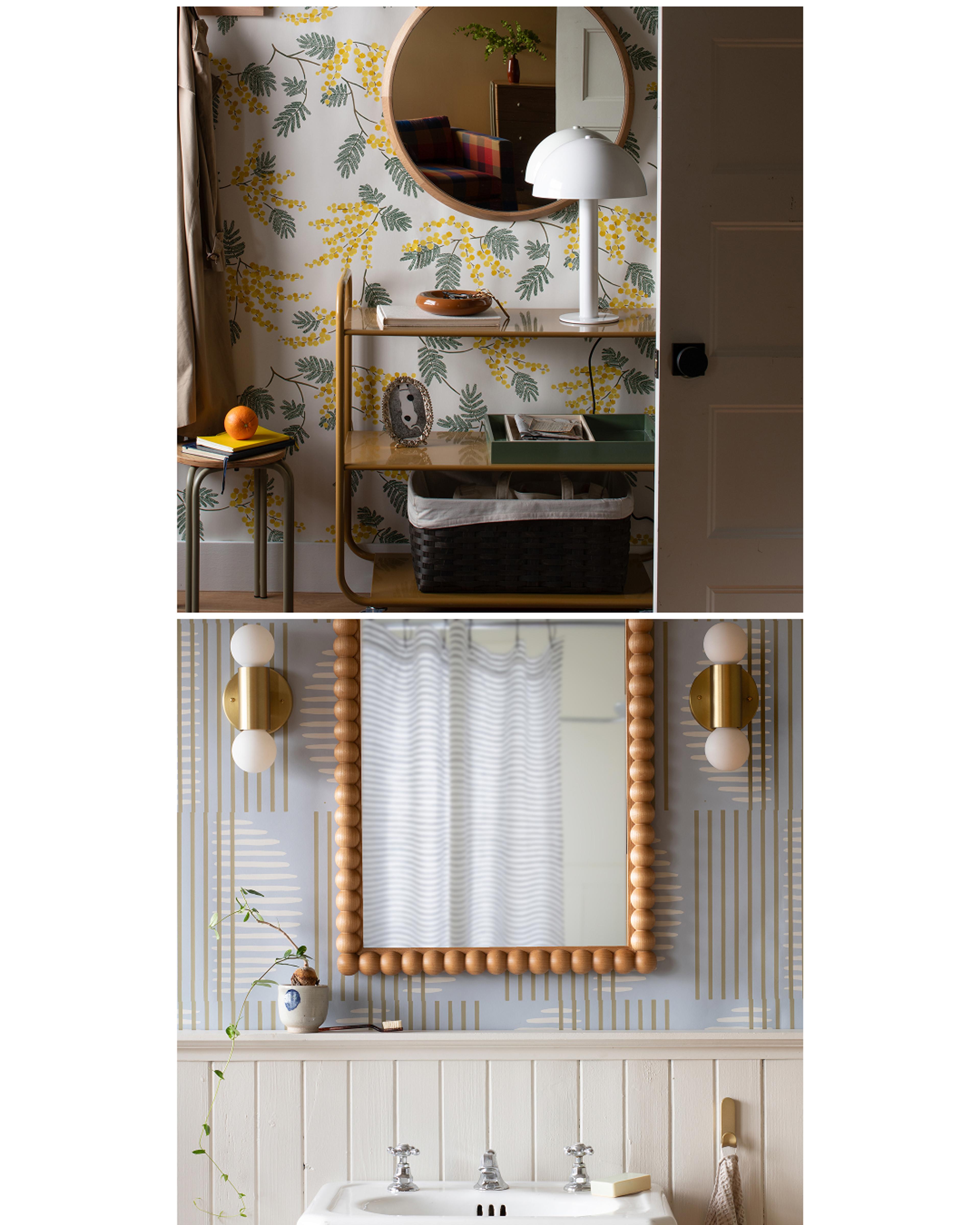 Two side by side photos of rooms with different wallpaper.