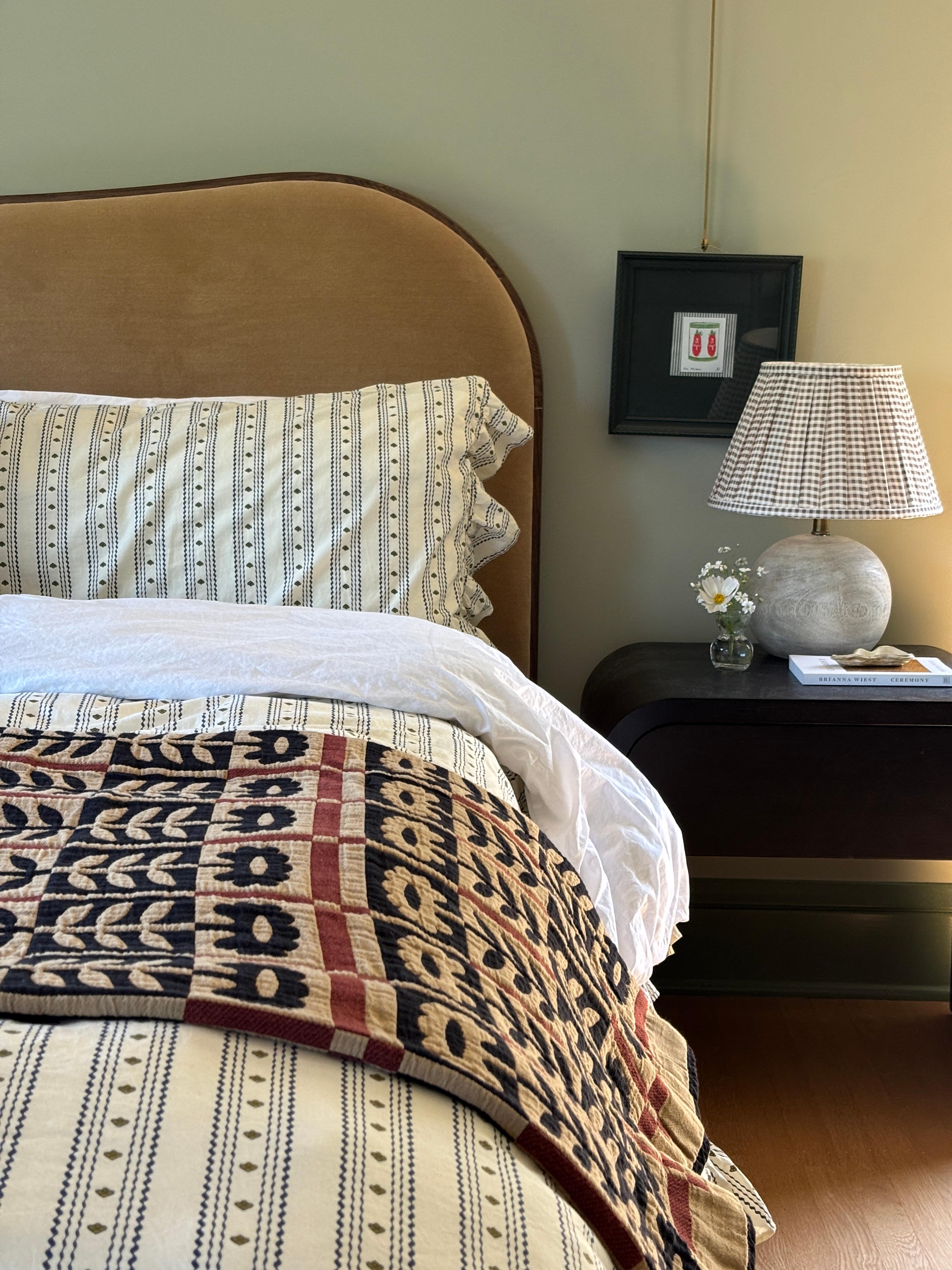Quilt on bed. 