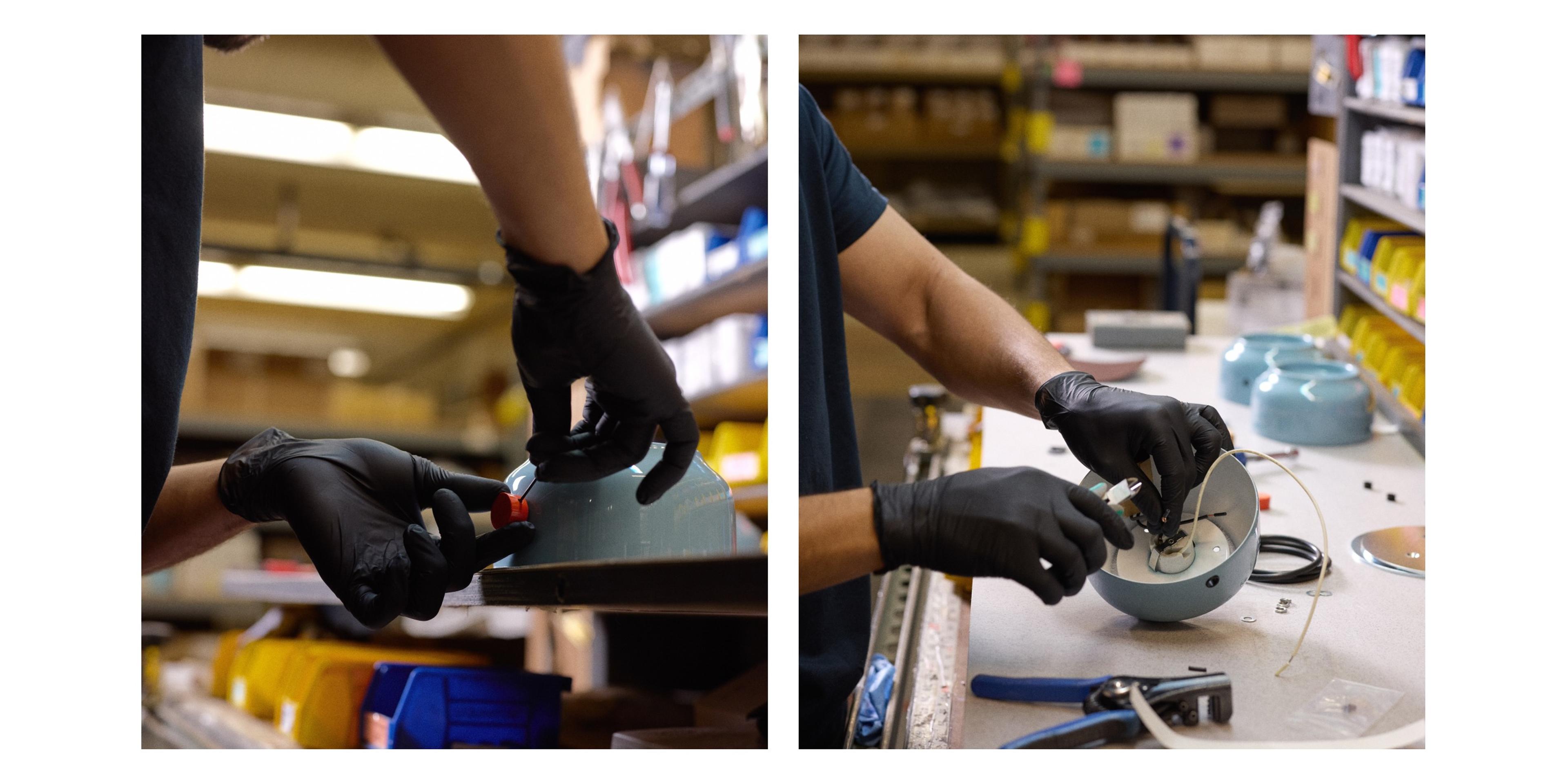 factory worker assembling sky blue base to persimmon dimmer knob at workbench