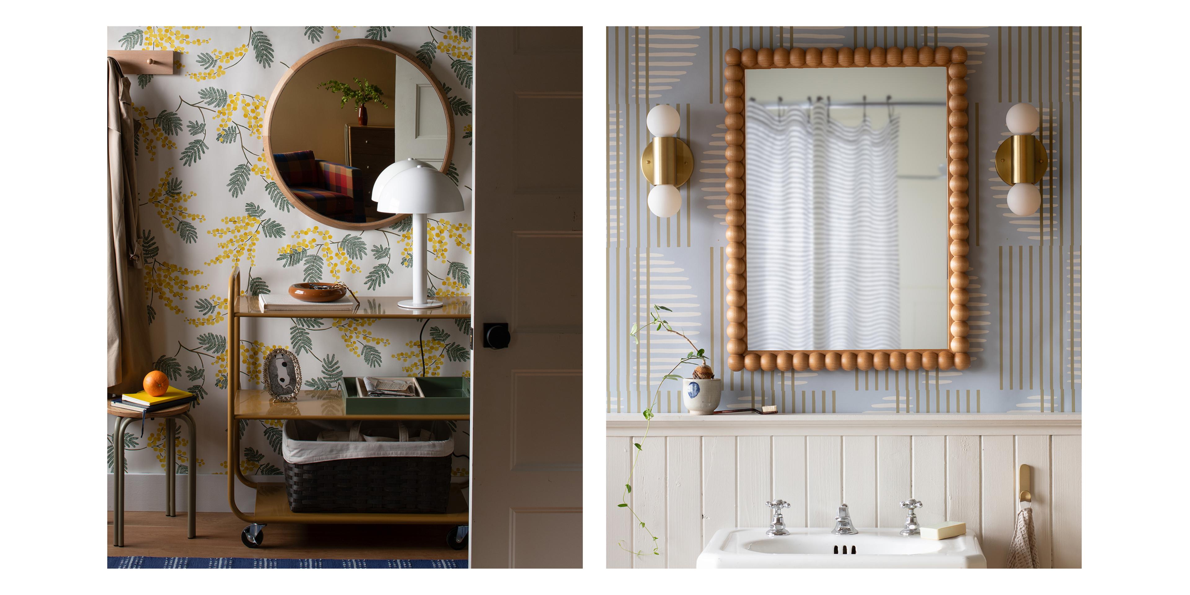Two side by side photos of rooms with different wallpaper.