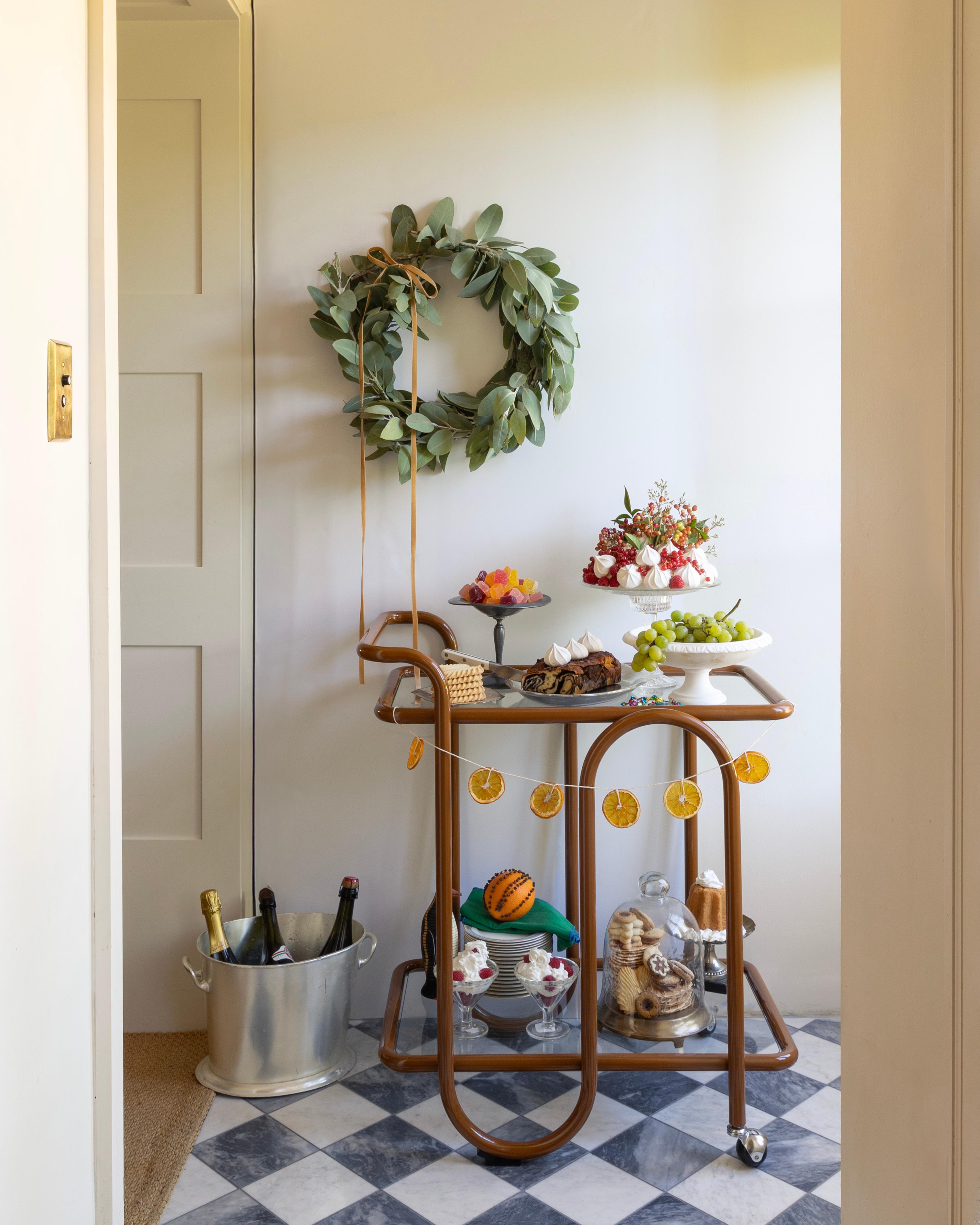 Holiday bar cart in hallway 