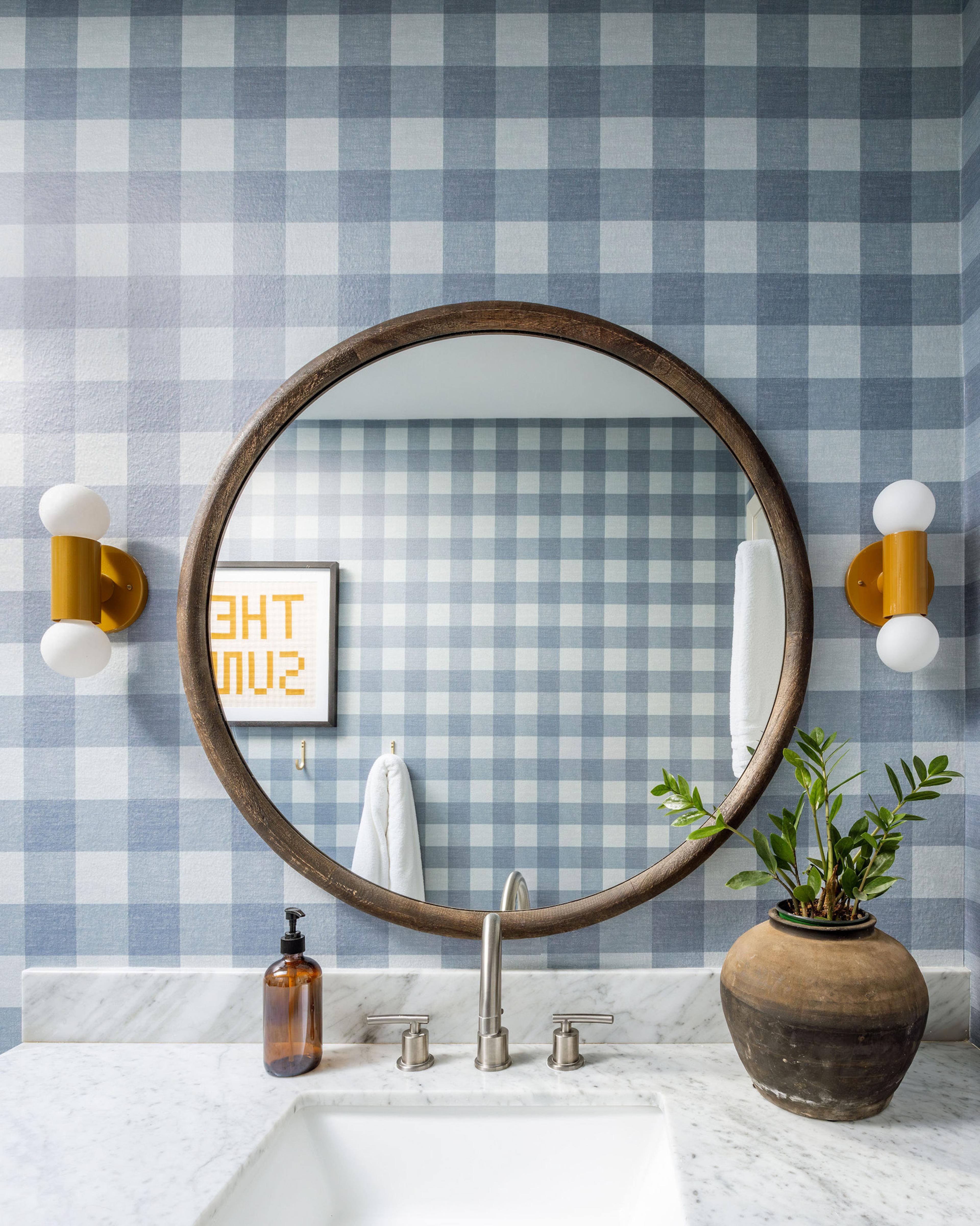 Bathroom with blue check wallpaper