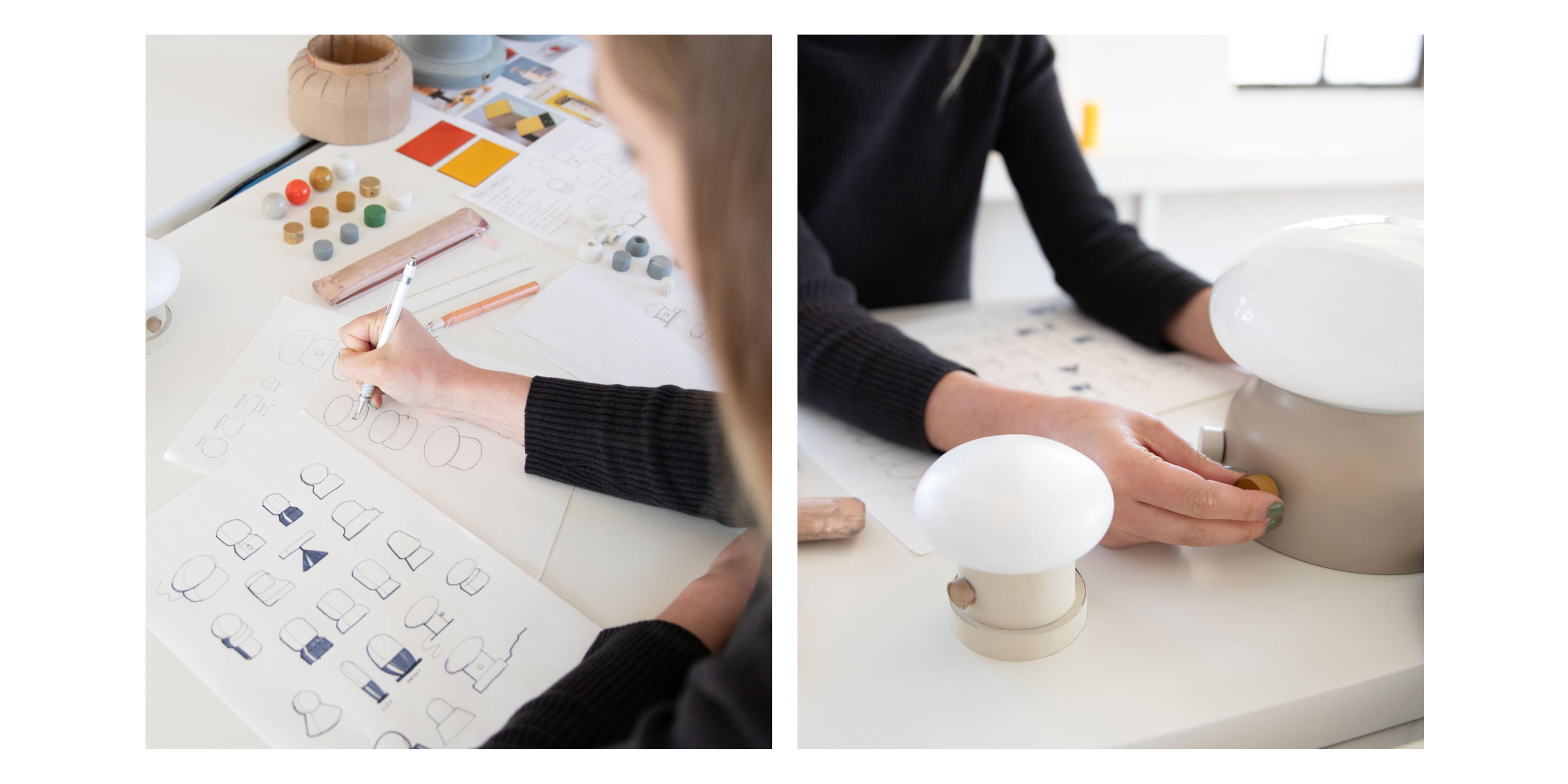 designer drawing variations of new lamp idea