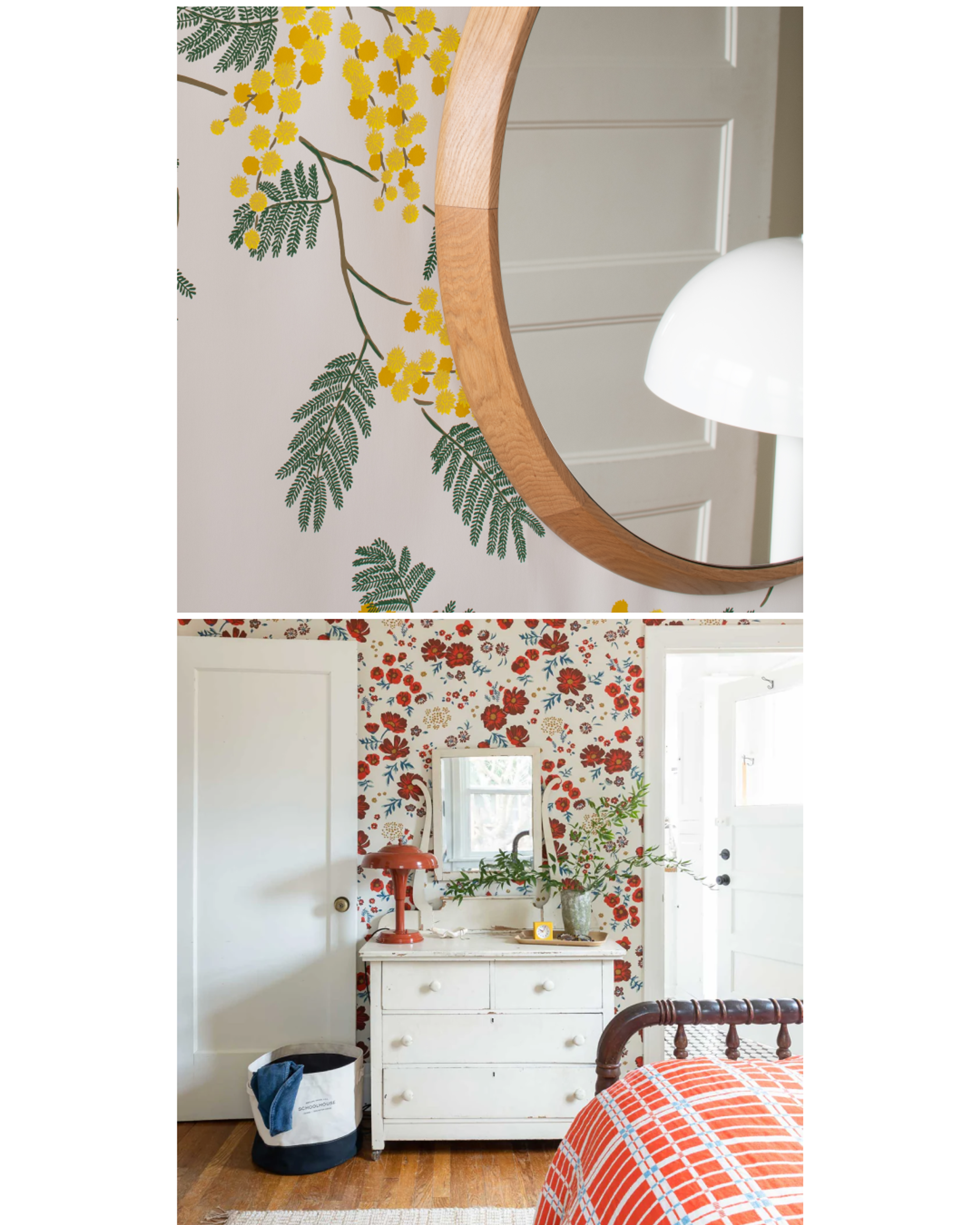 Two side by side photos of different wallpapers in various rooms.