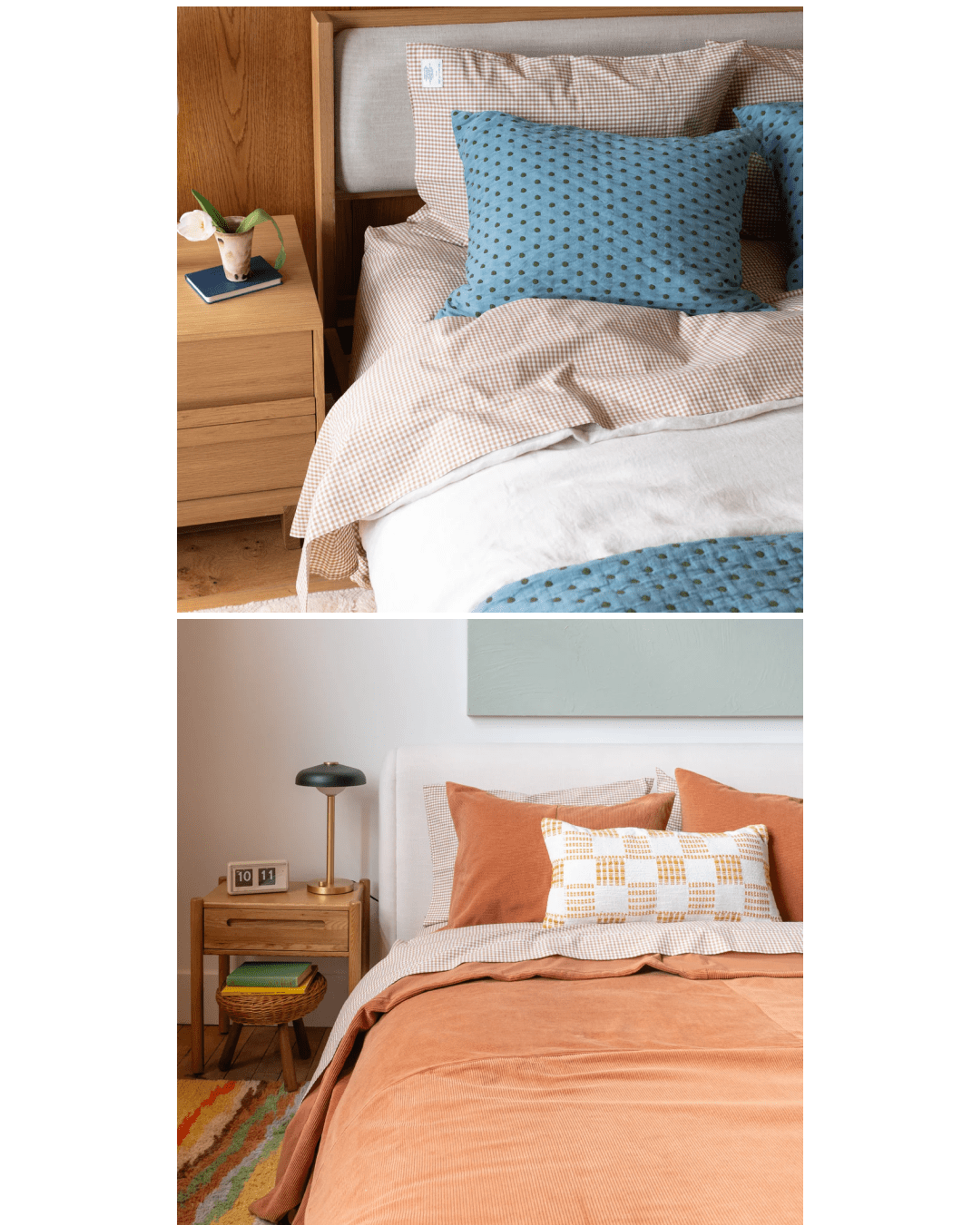 Two photos of bedrooms side by side.