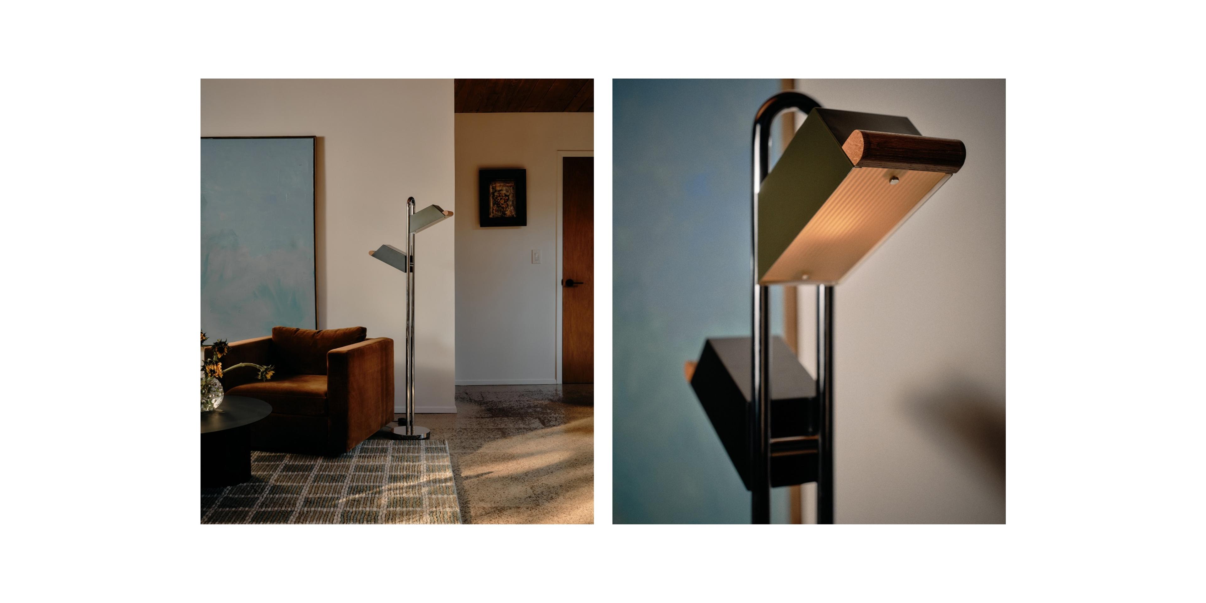 Metal & chrome floor lamp in living room next to toffee velvet chair