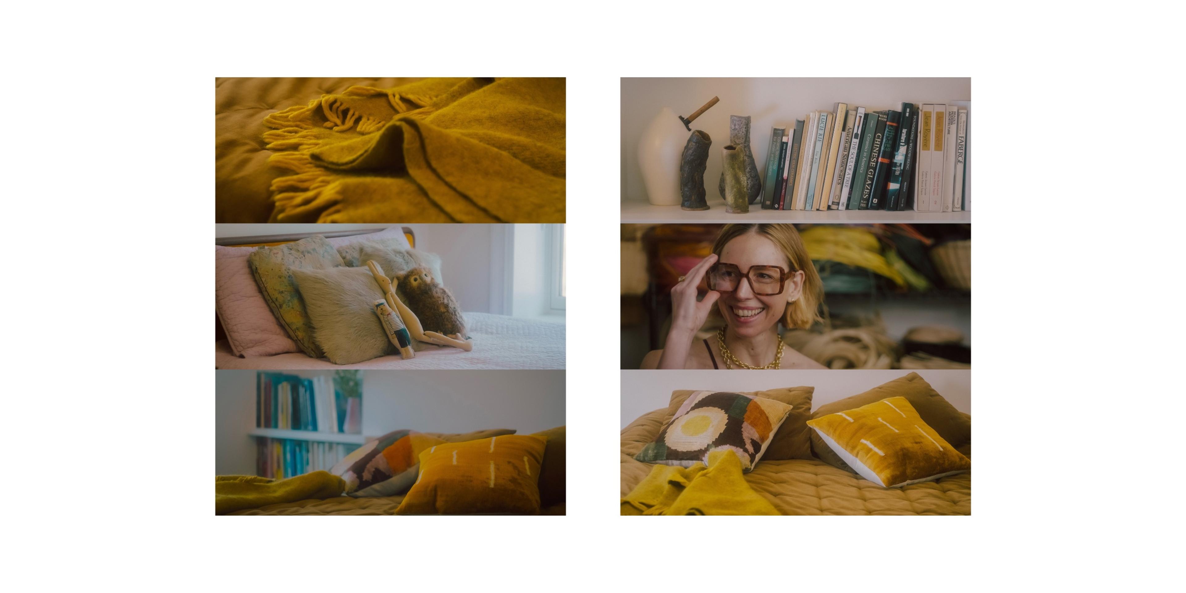 frames of bedroom and smiling woman fixing her glasses