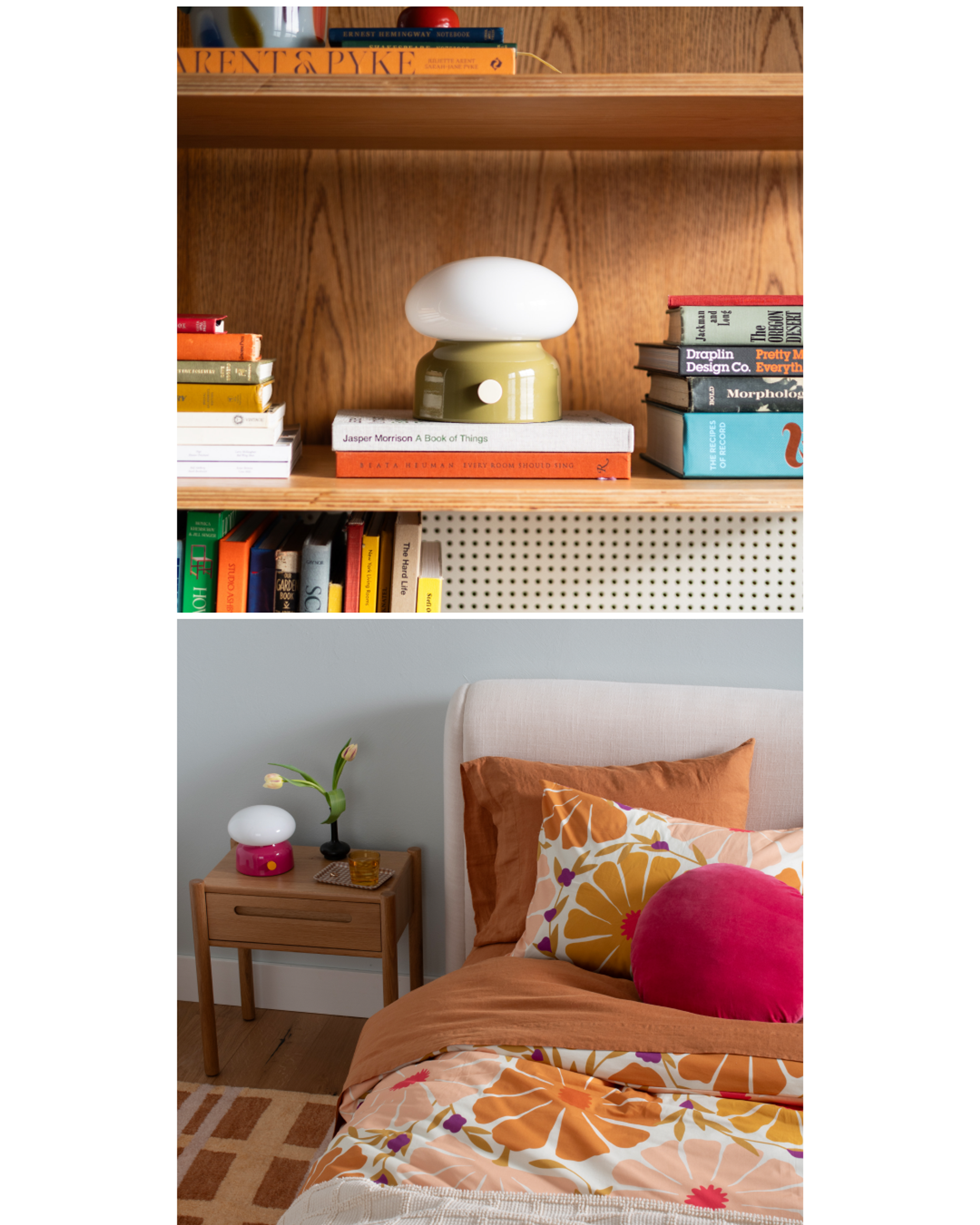 designer drawing variations of lamp idea & alder green lamp on wooden book shelf