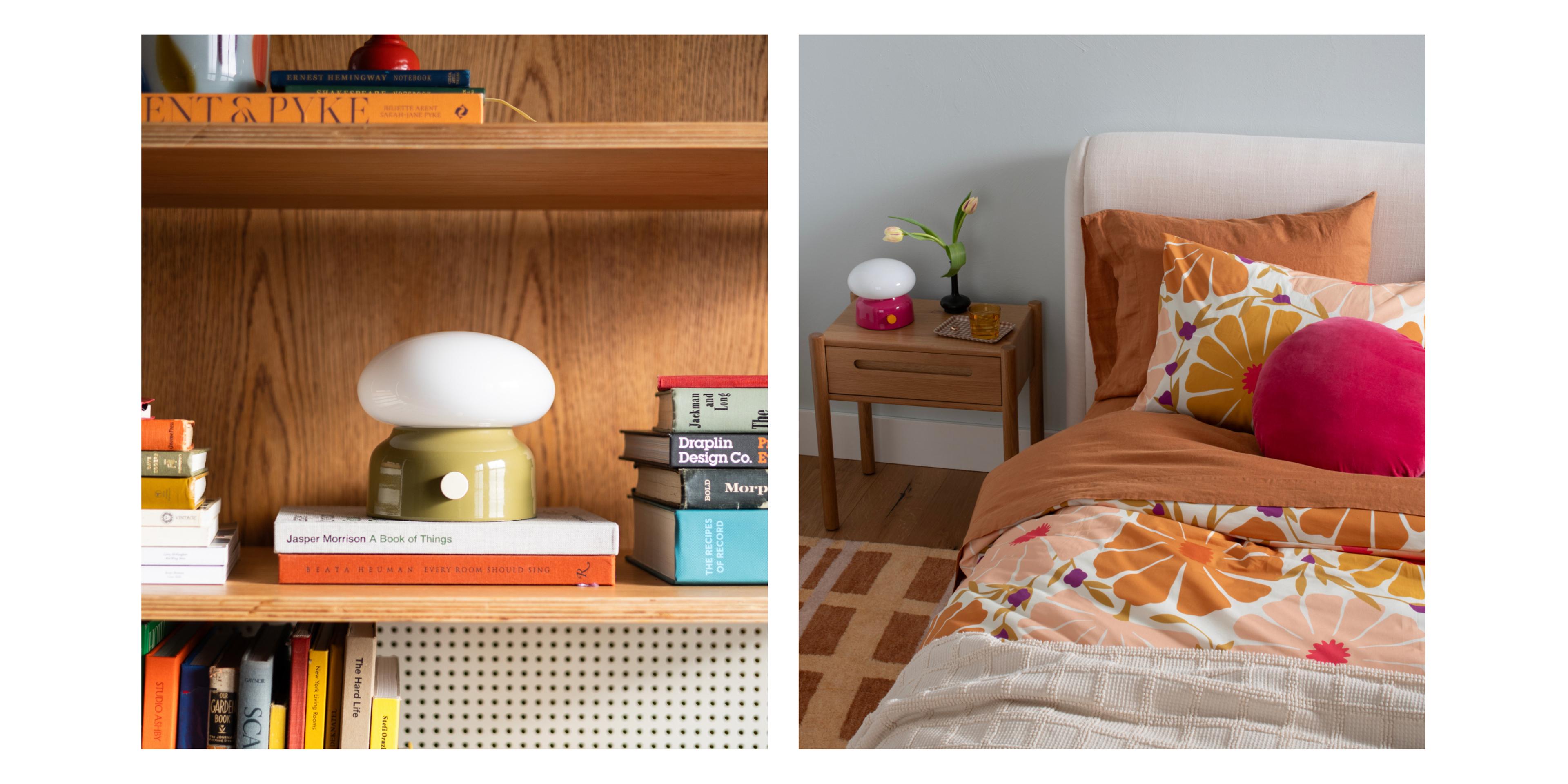 designer drawing variations of lamp idea & alder green lamp on wooden book shelf