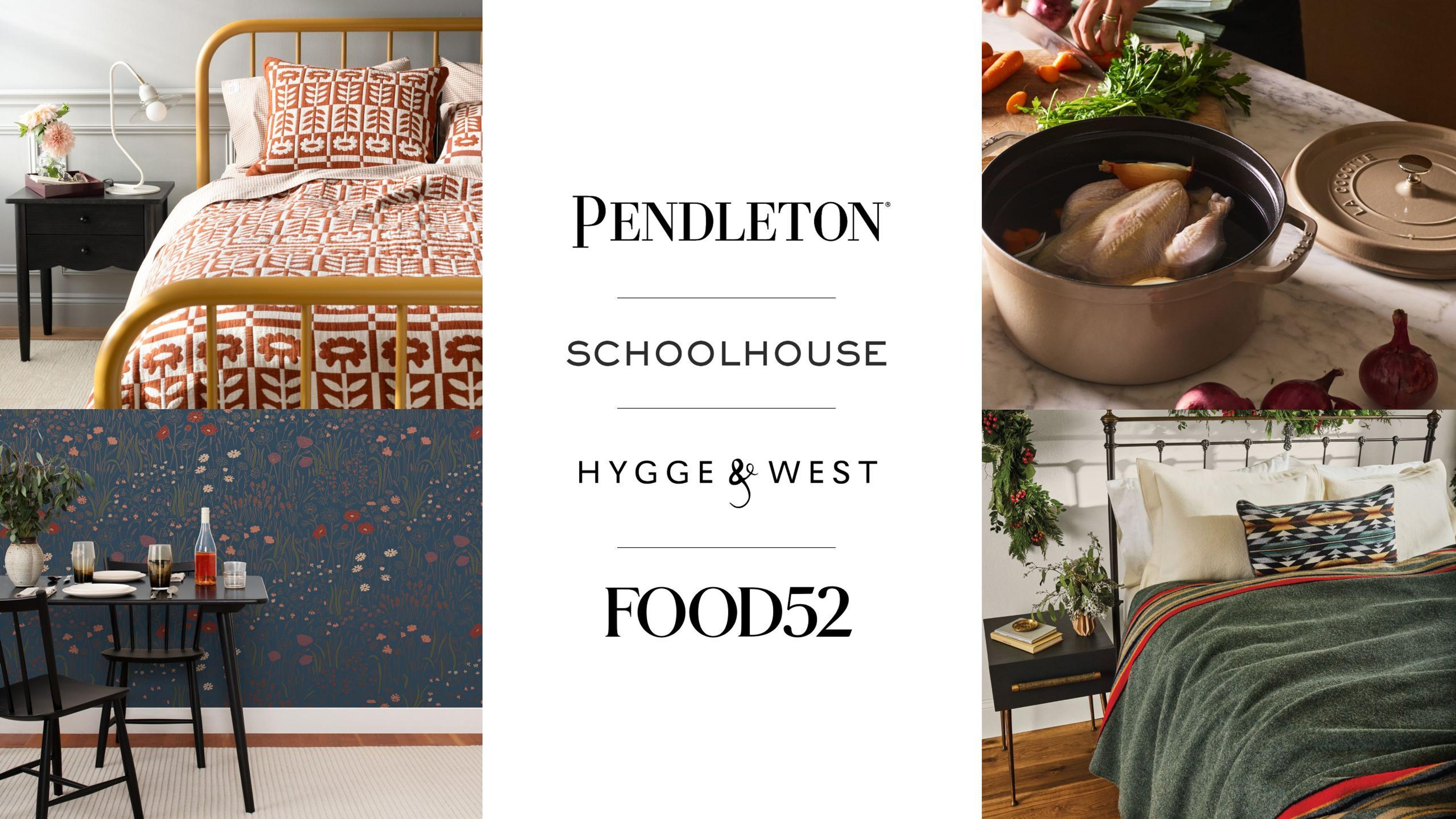 Collage of home decor and lifestyle images featuring Pendleton, Schoolhouse, Hygge & West, and Food52, including cozy bedrooms and a kitchen scene