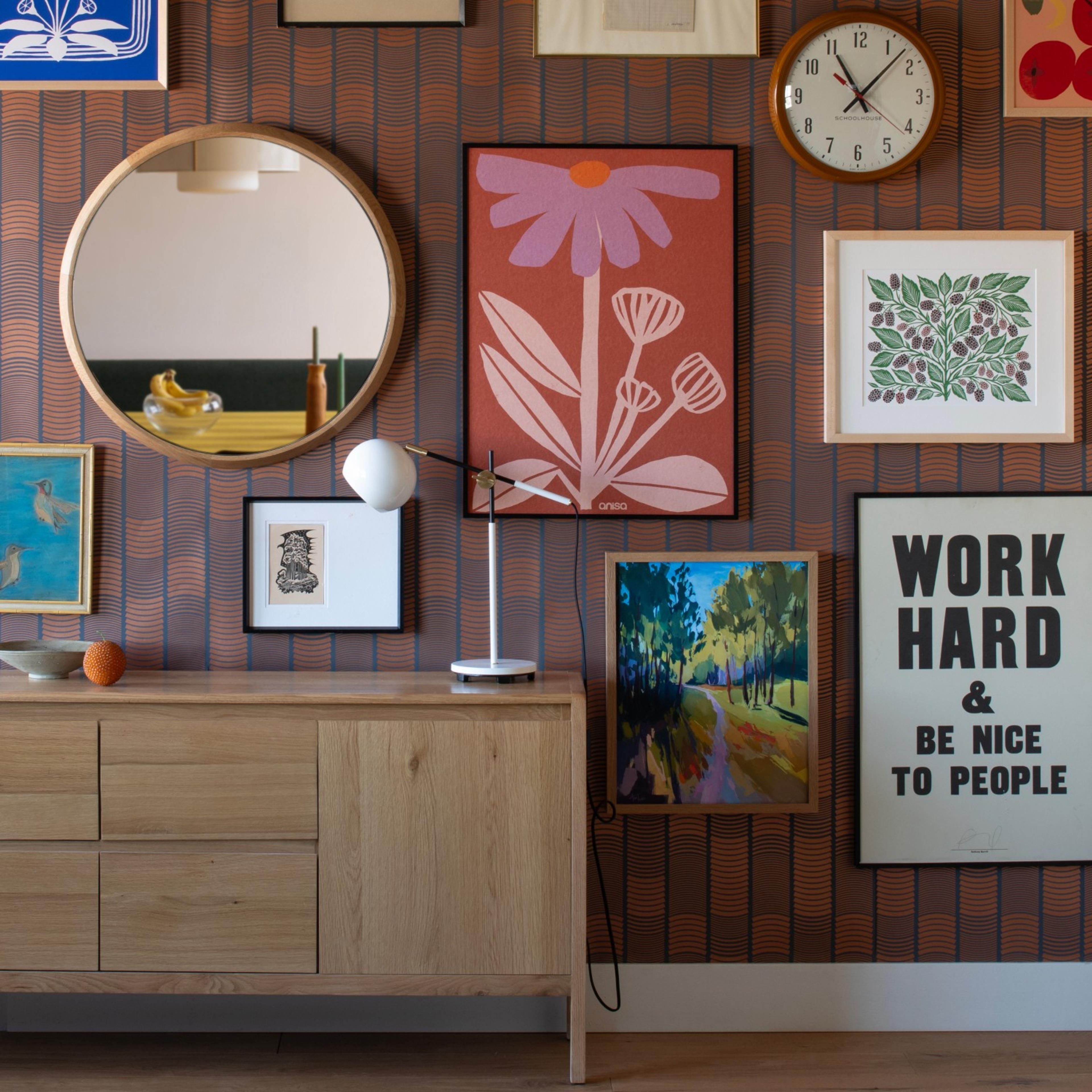 Gallery Wall with framed prints and oak chamfered mirror