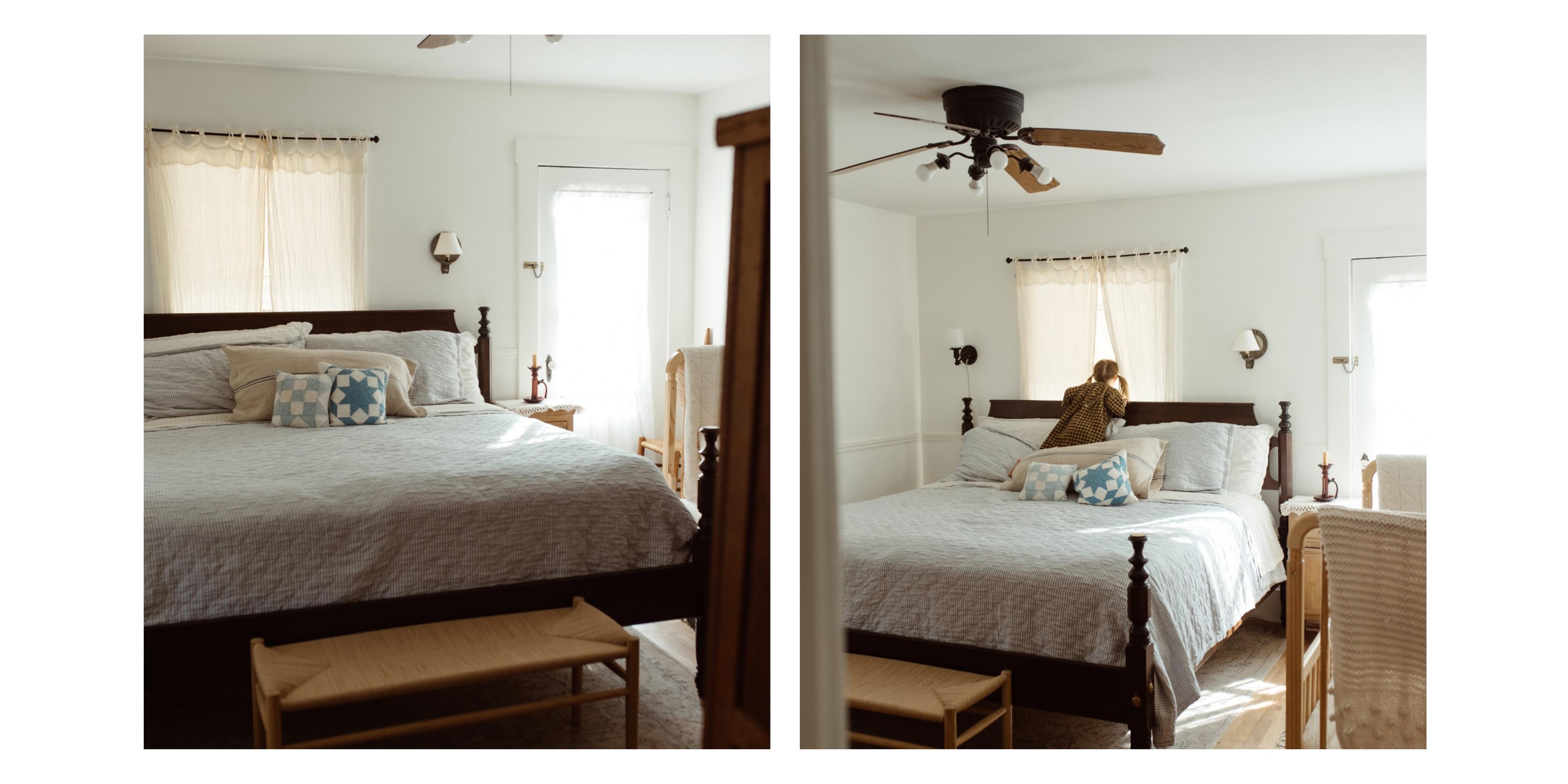 Oak bed with striped quilt