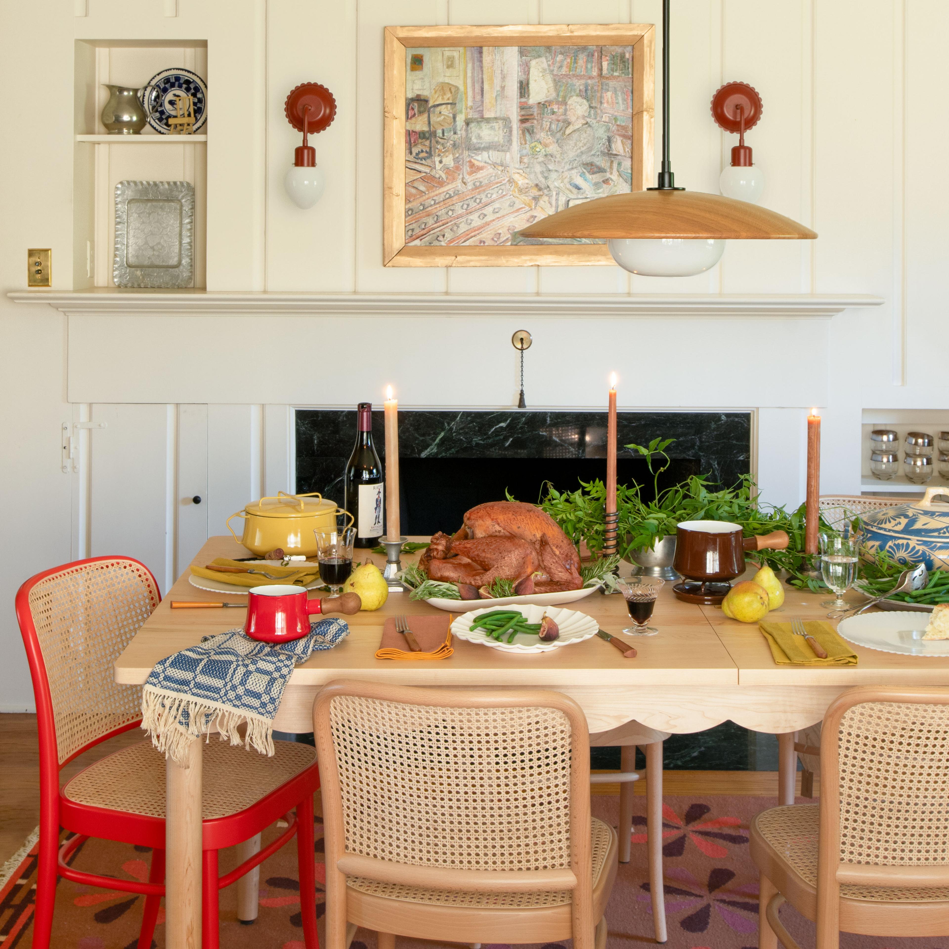 Dining room table with turkey. 