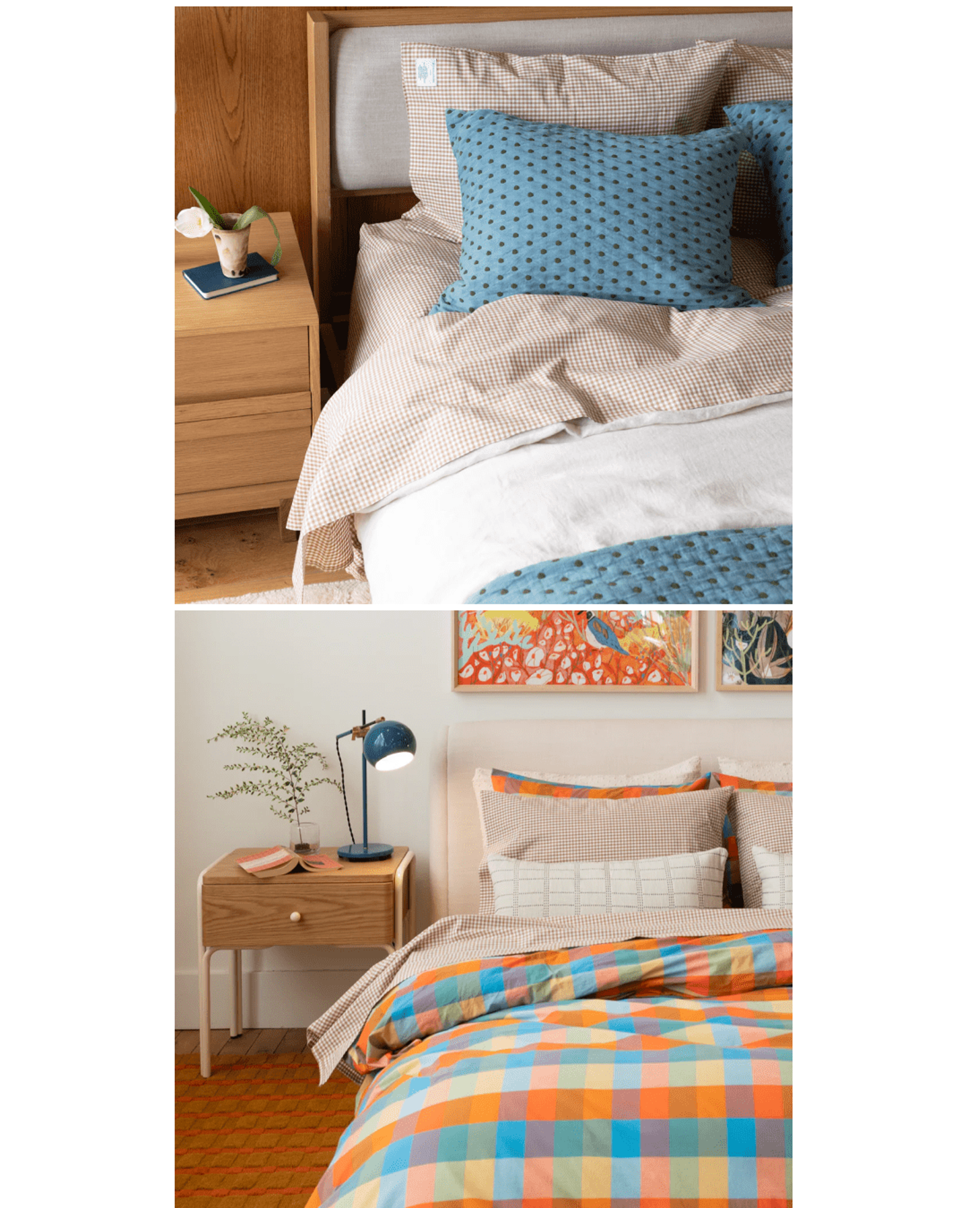 Modern beds with colorful bedding.