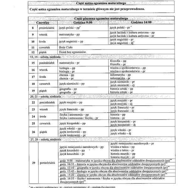 Harmonogram tegorocznego egzaminu maturalnego (zdjęcie 1)