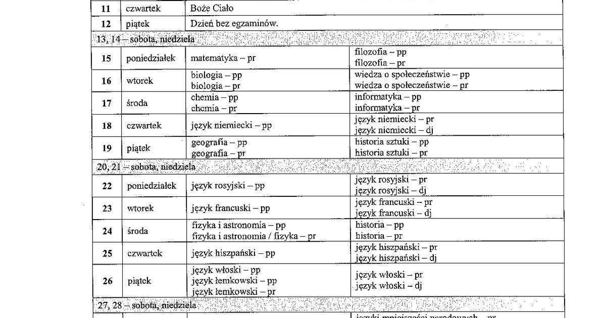 Harmonogram tegorocznego egzaminu maturalnego.