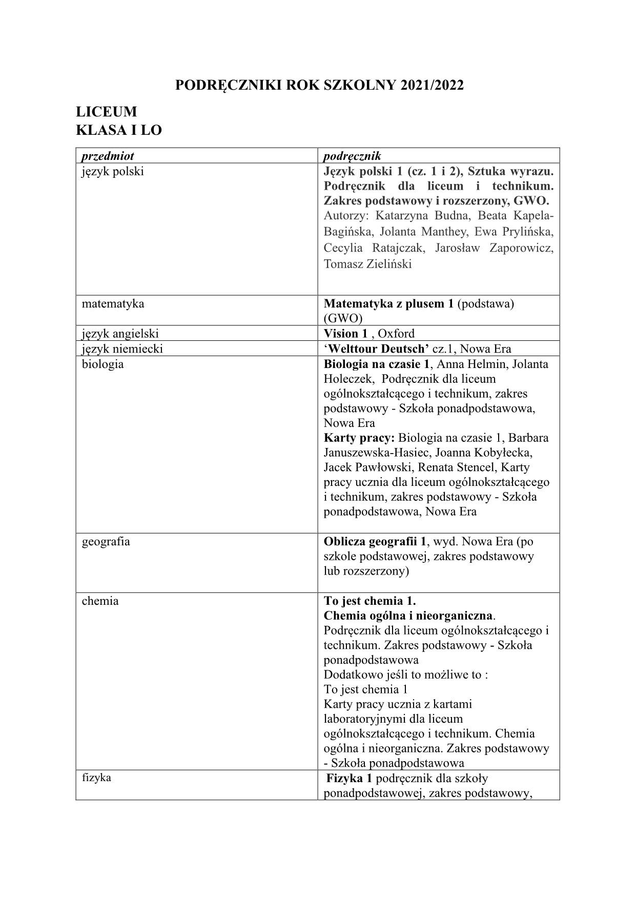 Wykaz podręczników na rok szkolny 2021/2022 (zdjęcie 1)