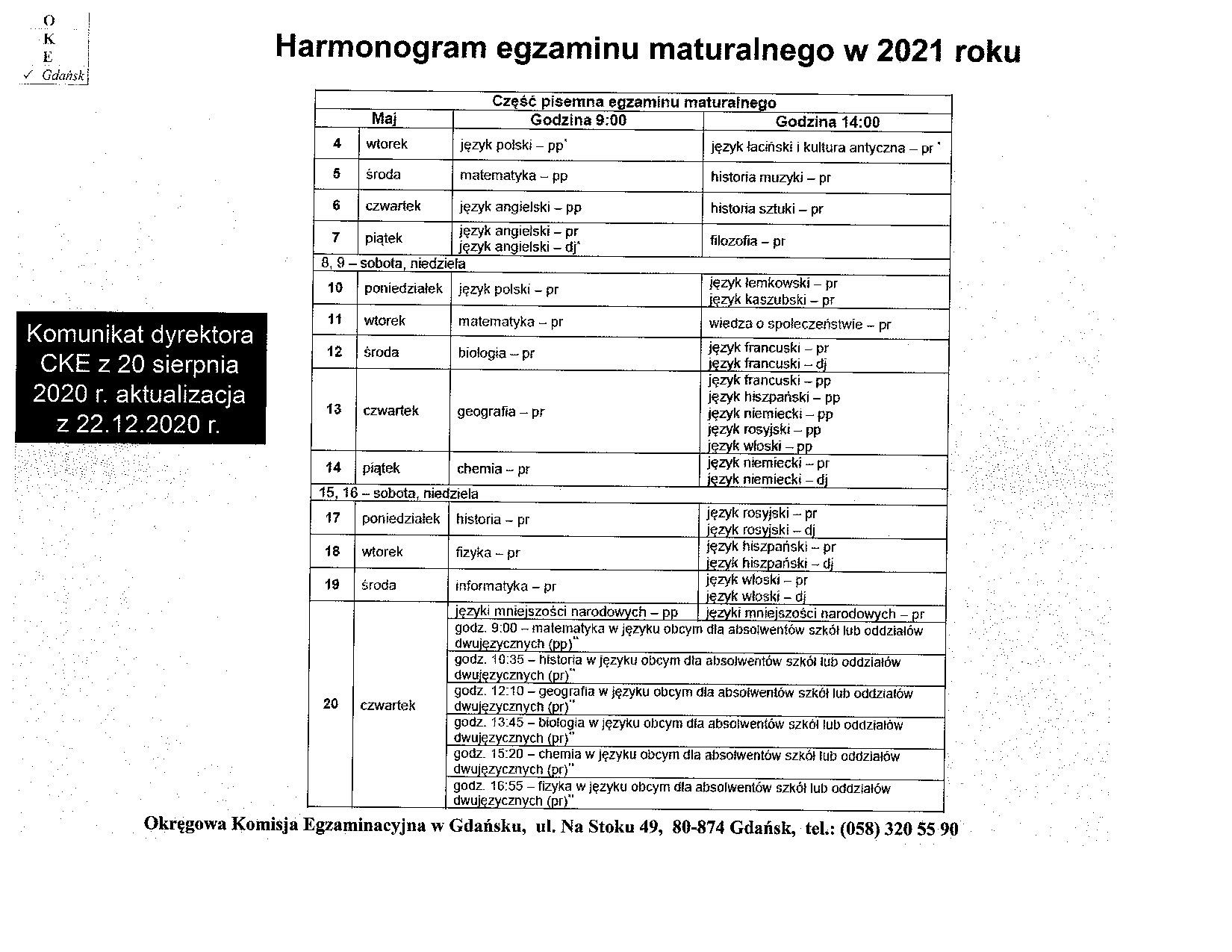 Harmonogram tegorocznych matur (zdjęcie 1)