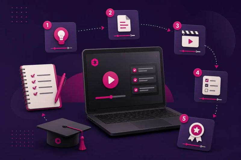 Notebook cercado por cinco etapas visuais de criação de um curso profissionalizante, da ideia à certificação.