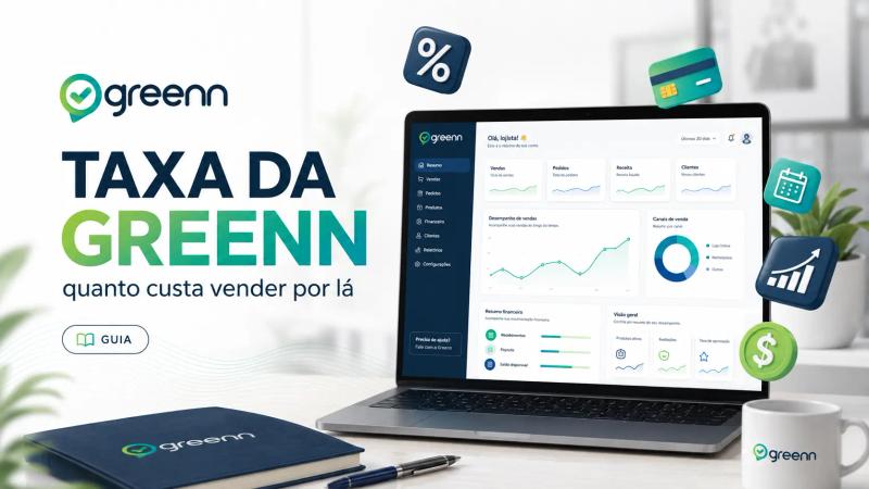 Imagem de capa sobre as taxas da Greenn, com a logo da marca, título “Taxas da Greenn”, notebook exibindo um painel financeiro com taxa de 6,99% e ícones de porcentagem, parcelamento, crescimento e valores em reais.