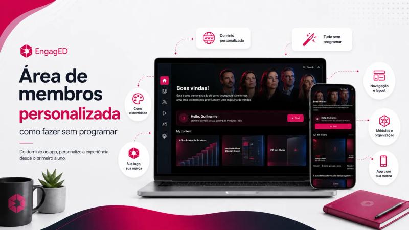 Um notebook e um smartphone exibem a interface de uma área de membros, cercados por ícones destacando recursos como domínios personalizados, marca própria e ferramentas no-code.