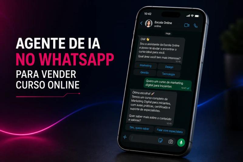Agente de IA no WhatsApp para vender curso online, com conversa automatizada em iPhone ajudando alunos a escolher cursos.