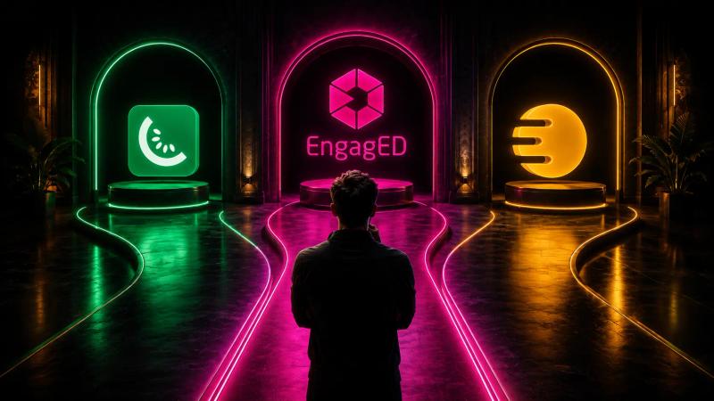 Kiwify ou Eduzz: imagem comparativa das plataformas com a EngagED posicionada ao centro como alternativa para vendas, cursos e produtos digitais.