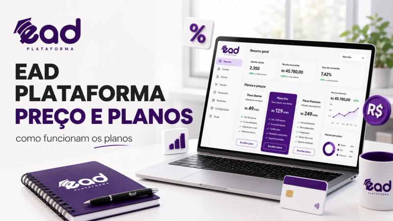 Imagem de capa sobre preços da EAD Plataforma, com a logo da marca em destaque, notebook exibindo opções de assinatura e elementos visuais relacionados a pagamentos, métricas e crescimento.
