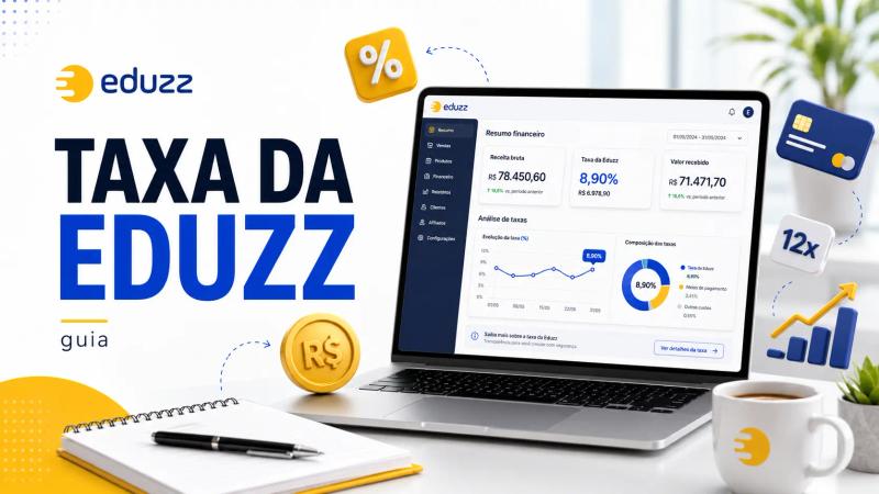 Capa sobre a taxa da Eduzz, com notebook exibindo um painel financeiro, gráficos, percentuais e ícones de pagamentos.