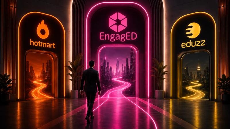 Profissional caminha em direção ao portal da EngagED, entre as opções Hotmart e Eduzz, representando uma terceira alternativa para negócios digitais.