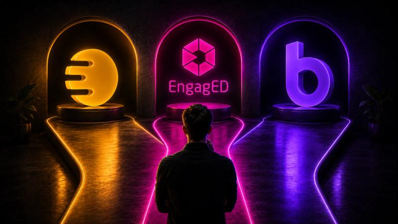 Homem diante de três caminhos iluminados representando Eduzz, EngagED e Braip, com a EngagED em destaque no centro em magenta, sugerindo uma terceira alternativa entre as plataformas.