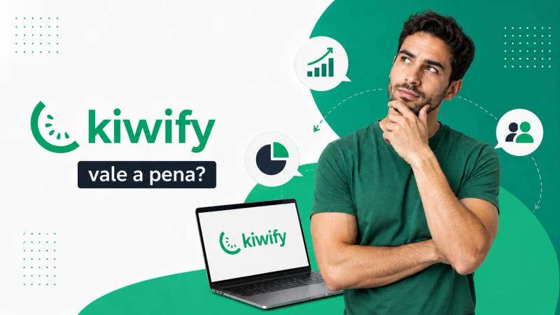 Homem pensativo ao lado da marca Kiwify e da pergunta “vale a pena?”, com elementos gráficos que representam análise, crescimento e público.