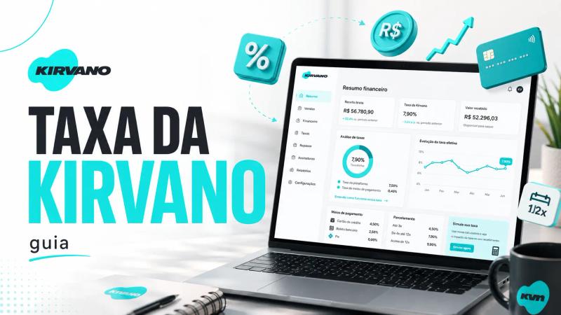 Capa sobre a taxa da Kirvano, com notebook exibindo um painel financeiro, gráficos, percentuais e ícones de pagamentos.