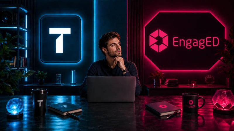 Homem sentado à mesa com um notebook, olhando para o lado buscando alternativas a plataforma Ticto. Atrás dele, há dois letreiros de neon quadrados: um verde com a logo da plataforma Ticto e um rosa com a logo da EngagED. O homem parece estar optando pela plataforma da EngagED.