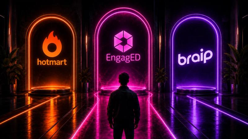 Hotmart ou Braip: comparação entre as plataformas, com a EngagED em destaque como terceira alternativa para vendas, infoprodutos e negócios digitais.