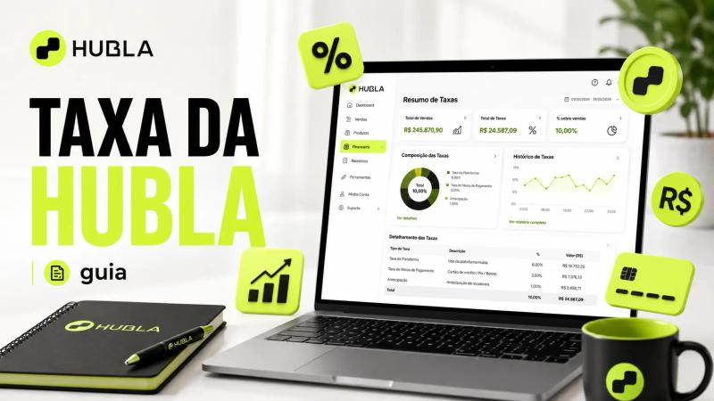 Imagem de capa sobre a taxa da Hubla, com a logo da marca, notebook exibindo um painel financeiro de taxas e ícones de porcentagem, valores em reais, cartão e crescimento em tons de verde neon e preto.