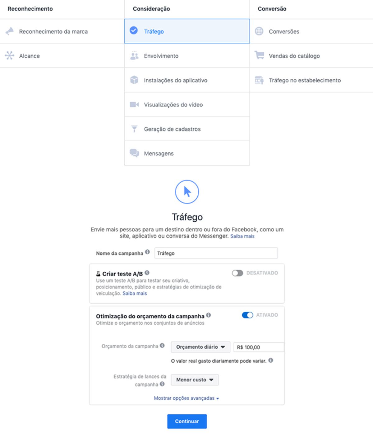 Seleção do objetivo Tráfego para criação de campanha no facebook