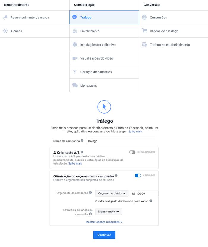 Seleção do objetivo Tráfego para criação de campanha no facebook