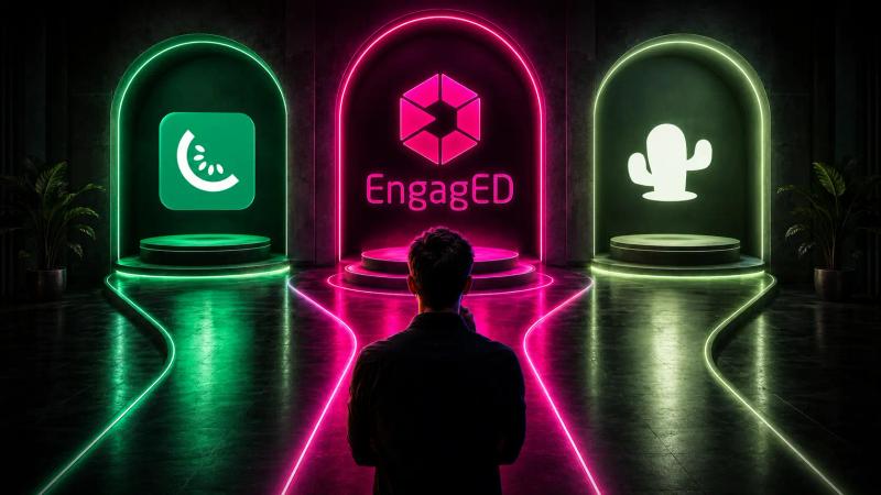 Kiwify ou Cakto: comparação visual entre as plataformas com a EngagED em destaque no caminho central como alternativa para negócios e produtos digitais.