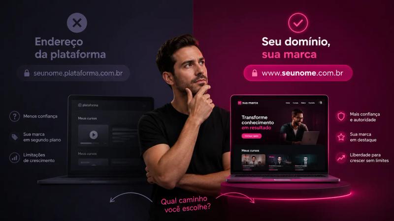 infoprodutor decidindo entre ter uma plataforma com domínio próprio olhando para a opção de ter o domínio da marca dele na plataforma de cursos