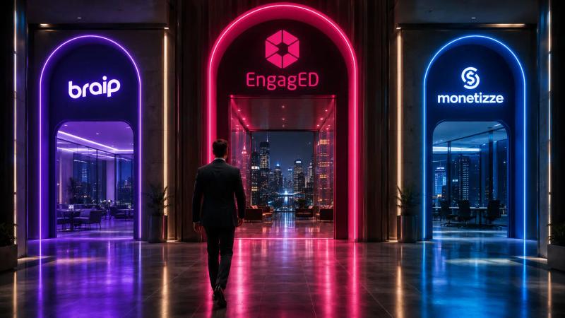 Homem de terno diante de três portais iluminados com as marcas Braip, EngagED e Monetizze, com a EngagED em destaque no portal central em magenta, representando uma alternativa entre as duas plataformas.