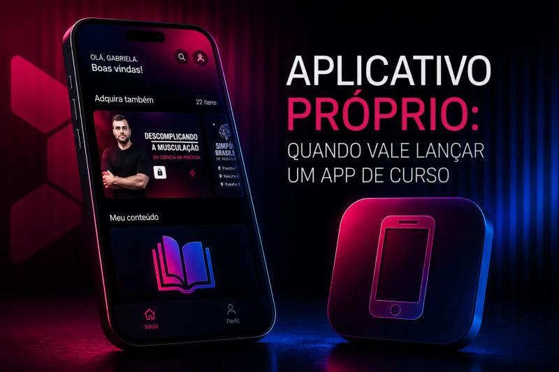 Aplicativo próprio para curso online exibido em iPhone, com área de membros personalizada, biblioteca de conteúdos e identidade visual em magenta e azul.